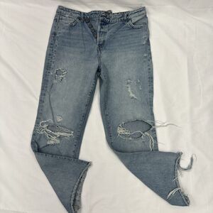 Flying Monkey Wide Leg Jeans 29 Light Button Fly Raw Hem Cross Asymmetric Waist